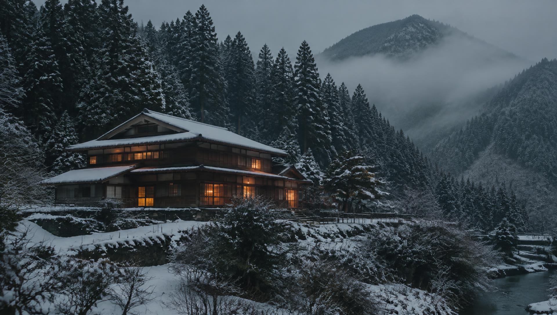 Timber house in a snowy cedar forest at dusk